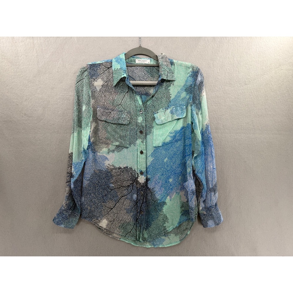 Equipment Femme Blouse Womens XS Blue Abstract Print 100% Silk Sheer Button Up